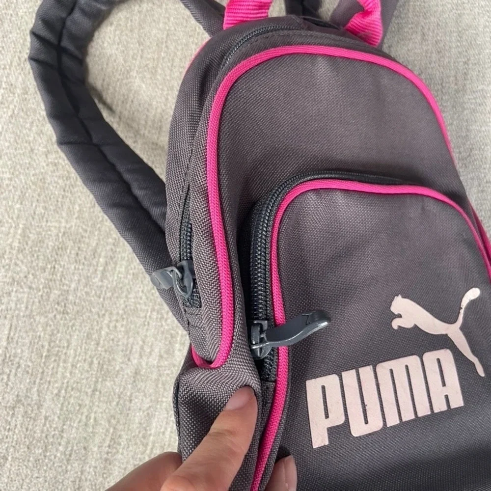 Puma Mini Backpack Gray Pink Logo School Travel‎ Bag Zippered Pockets Compact